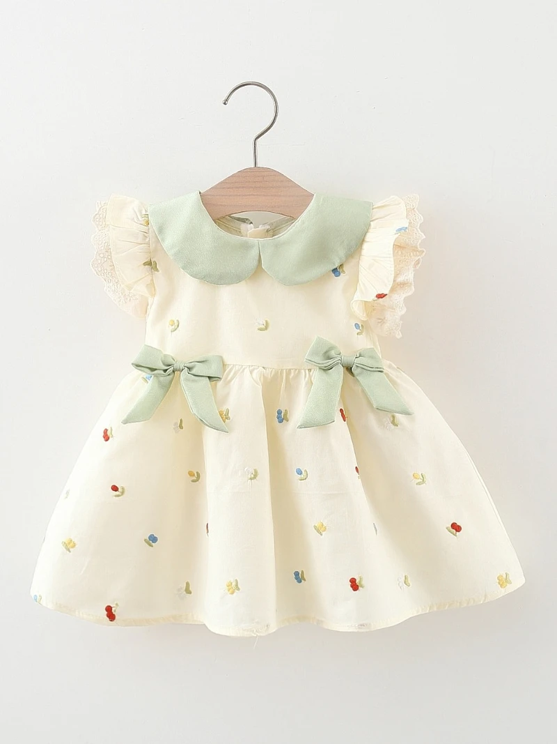 Baby Girls Cotton Princess Dress with Bow & Doll Collar