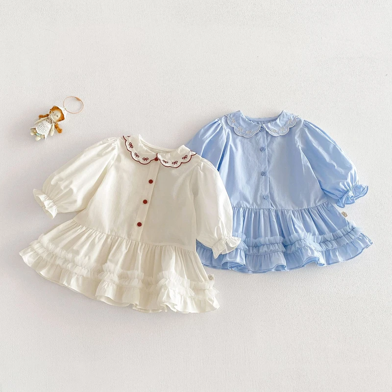Girls’ Cotton Blend Shirt Dress with Embroidered Collar
