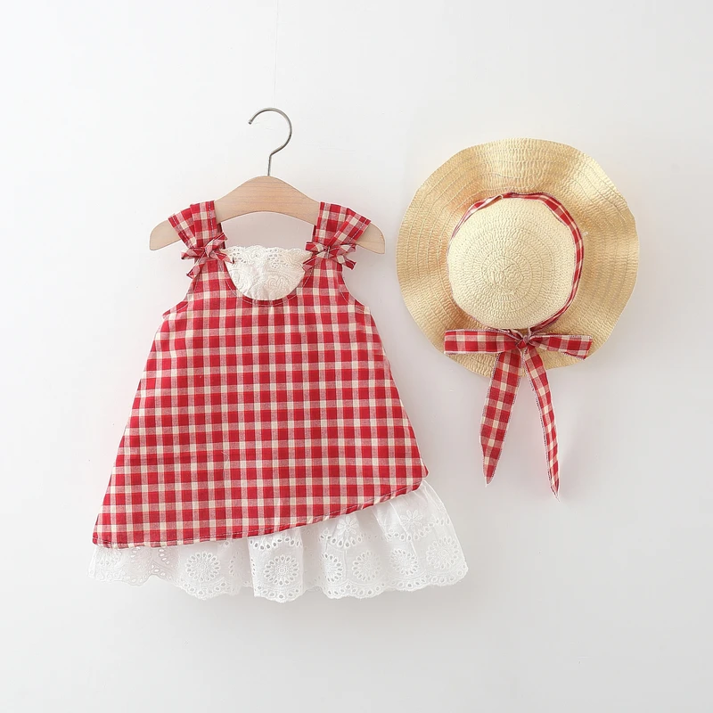 Girls’ Red Gingham Cotton Blend Summer Dress with Lace