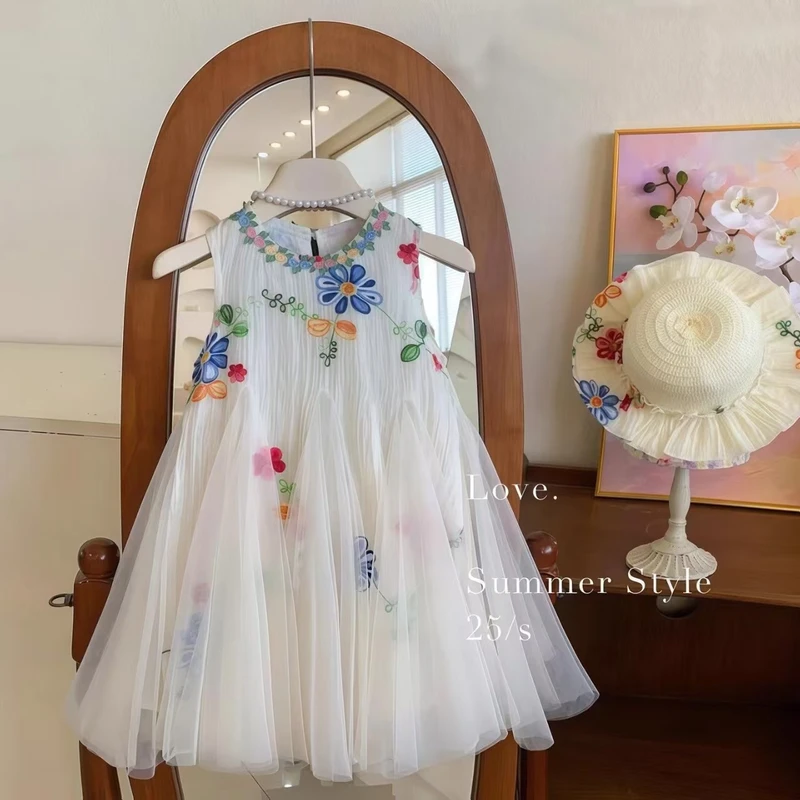 Girls Floral Mesh Princess Dress – Sleeveless Party Wear