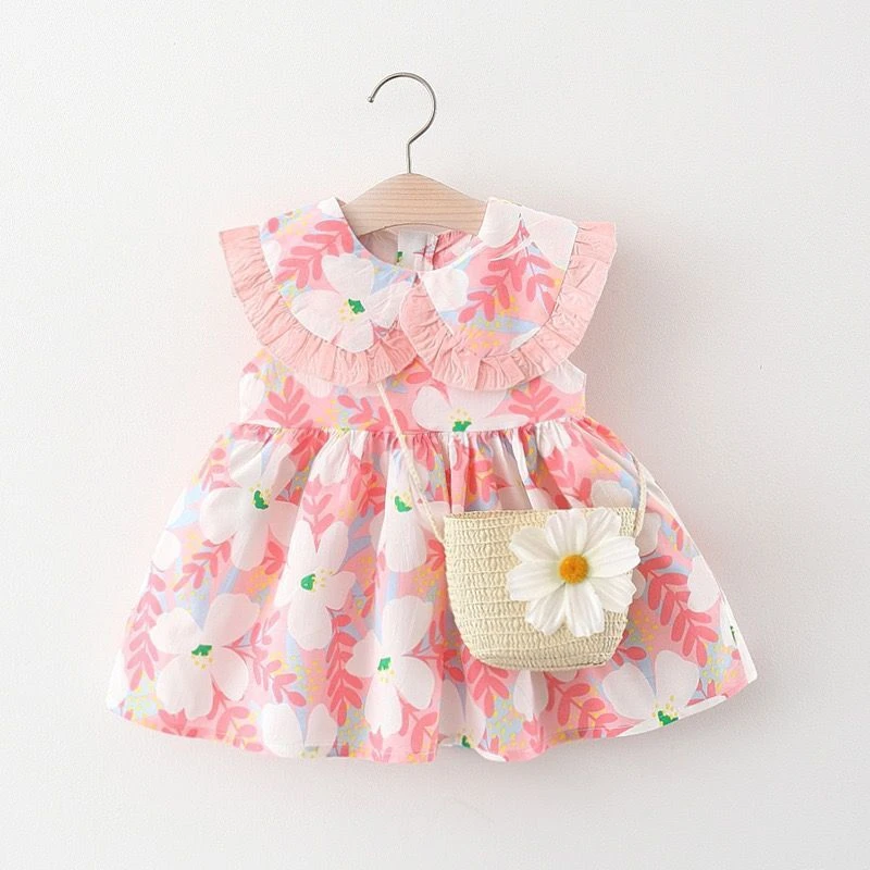 Baby Girls’ Cotton Blend Floral Dress with Ruffle Collar