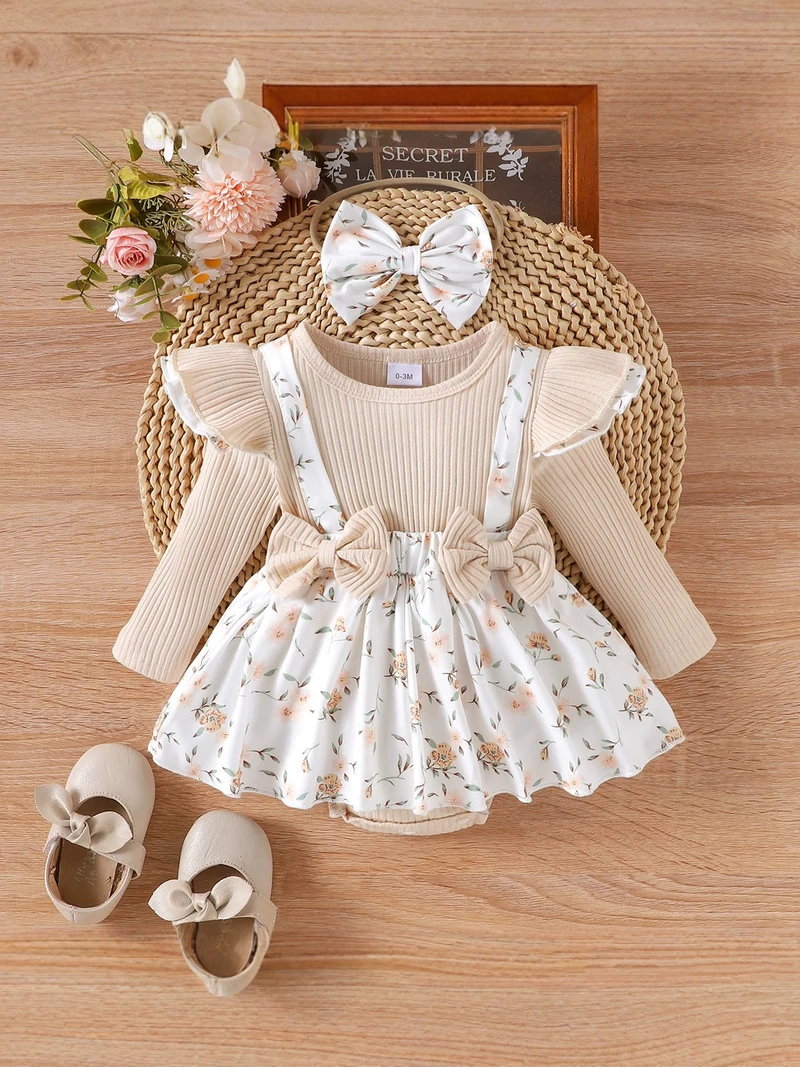 Baby Girls’ Cotton Blend Floral Dress & Bow Headband Set