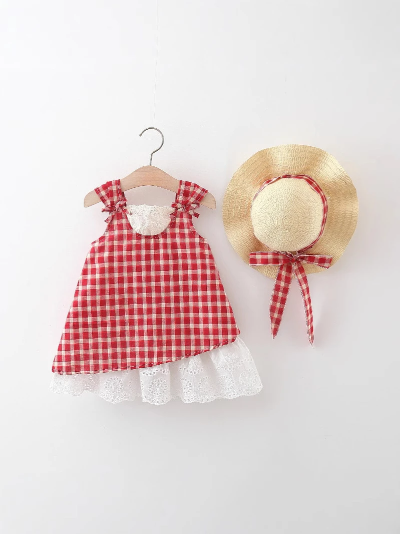 Girls’ Red Gingham Cotton Blend Summer Dress with Lace