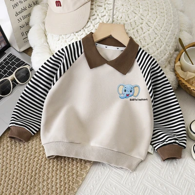 W3-Brown Striped Sweatshirt with Collar (Elephant Print)