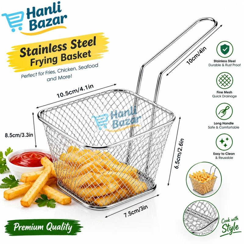 Stainless Steel Frying Basket 10.5×8.5×6.5cm | Mini Deep Fryer Basket with Long Handle