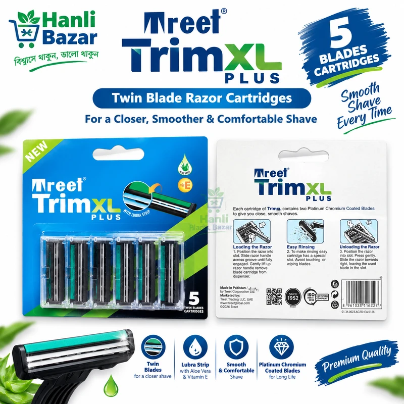 Treet TrimXL Plus Razor Blade Cartridges 5 Pcs | Twin Blade Replacement Refills with Aloe Vera & Vitamin E Lubra Strip