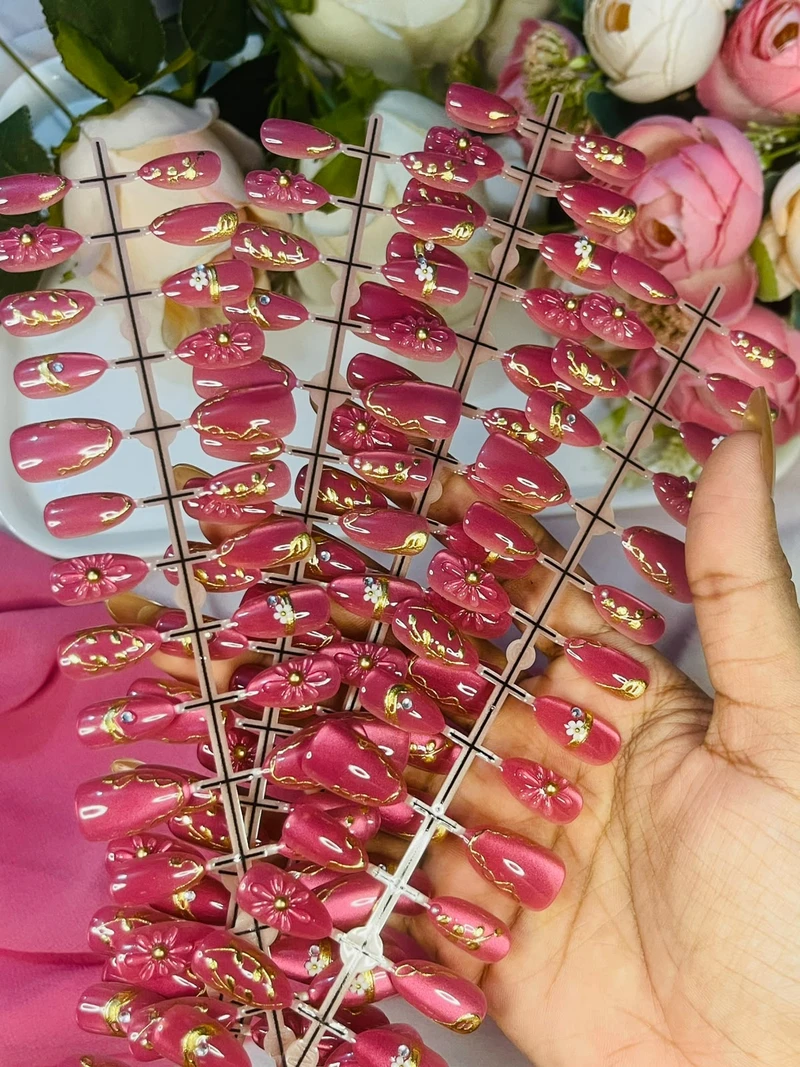Raspberry Pink Floral & Gold Accent Luxury Press-On Nails