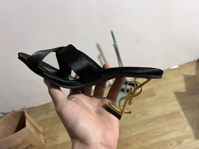 Black gold heel slippers