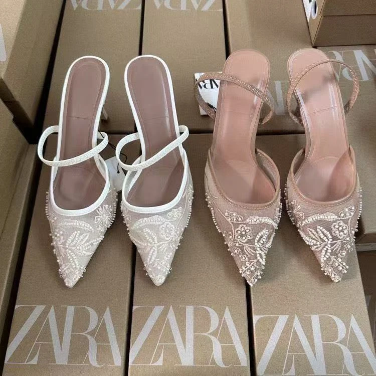 Za New Women's Shoes, White Shallow Embroidered Mesh High Heels, Stiletto Heels, Pointed Toe Mules, Stylish Wedding Shoes