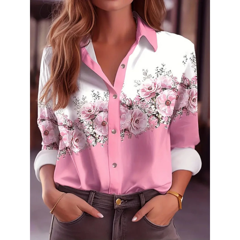 Women's Shirts European and American Fashion Amazon 2025 New Style Tops Short-Sleeved Lapel Printed Women's Shirts