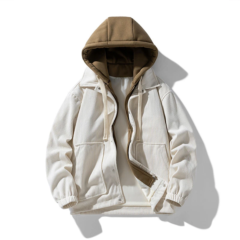 Corduroy Fake Two-piece Jacket Men's Autumn and Winter fleece-lined Thickened Hooded Clothes Casual Loose Baseball Suit