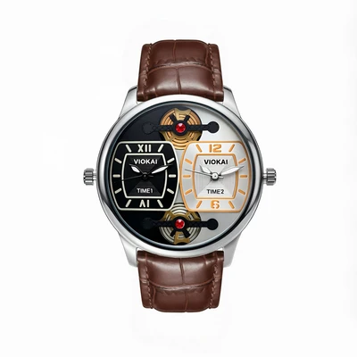 Square black and orange dial + brown leather strap