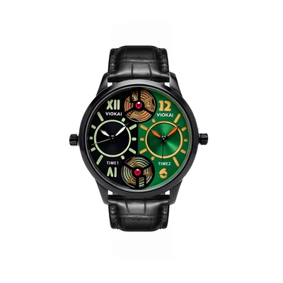 Round black and green dial + black leather strap
