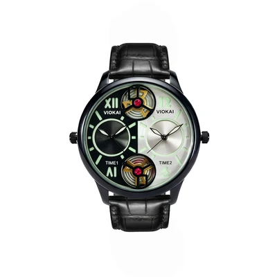 Round black and white dial + black leather strap