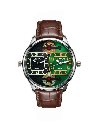 Square black and green dial + brown leather strap