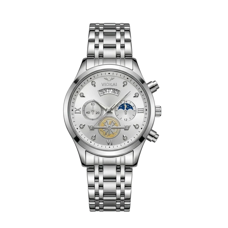 Viokai Men's Light Luxury Steel Band Watch, Full Diamond Luminous Moon Phase Business Waterproof Large Dial Watch