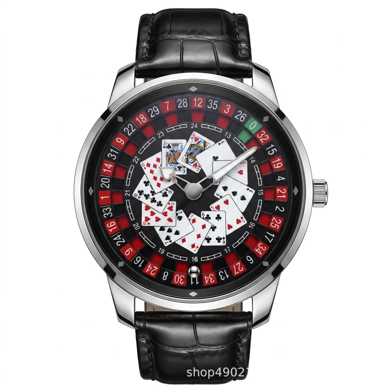 Cross-Border New Style American Poker-Themed Trendy Men's Leather Belt Watch, Luminous Waterproof Genuine Leather Quartz Wristwatch with High Aesthetic Value