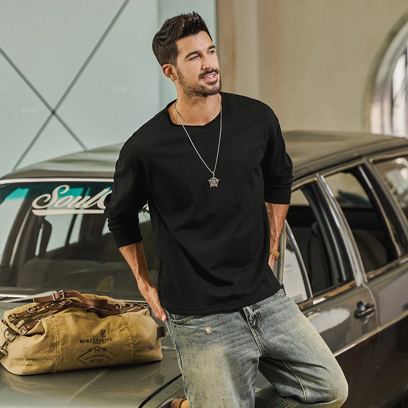 High-End Pure Cotton Men's Long-Sleeve T-Shirt, Autumn Loose Trendy Base Shirt, Versatile Men's Sports T-Shirt Wholesale
