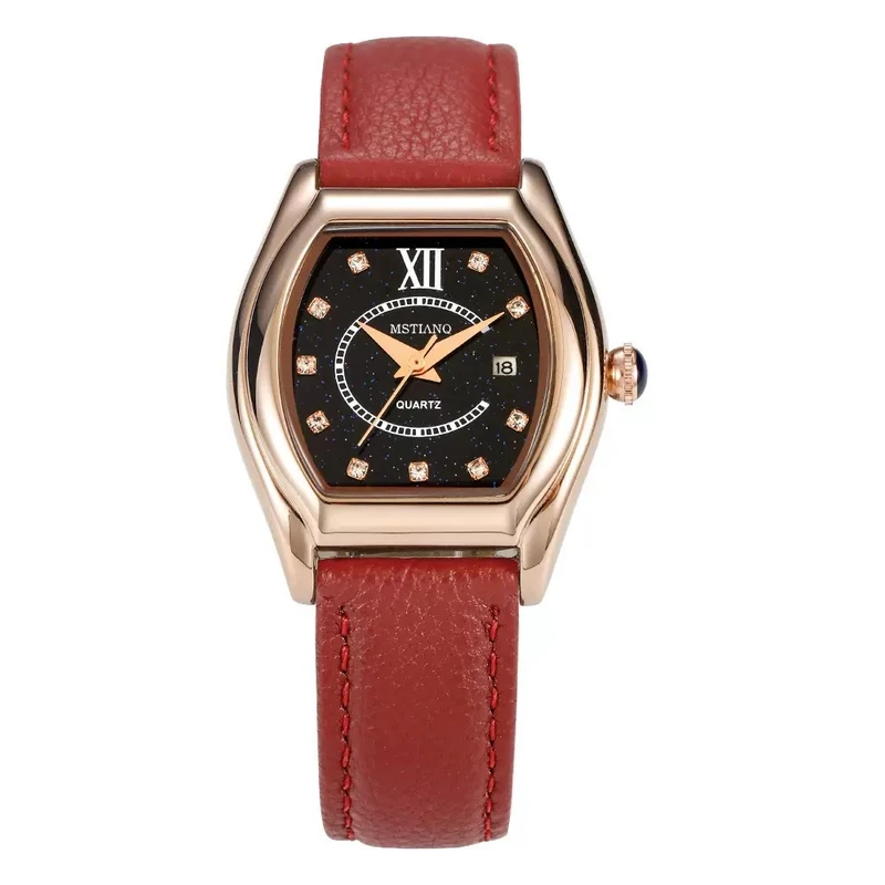 Foreign Trade Light Luxury Leather Strap Women's Watch, Barrel-Shaped Niche Quartz Simple High-End Elegant Starry Sky Watch for Women