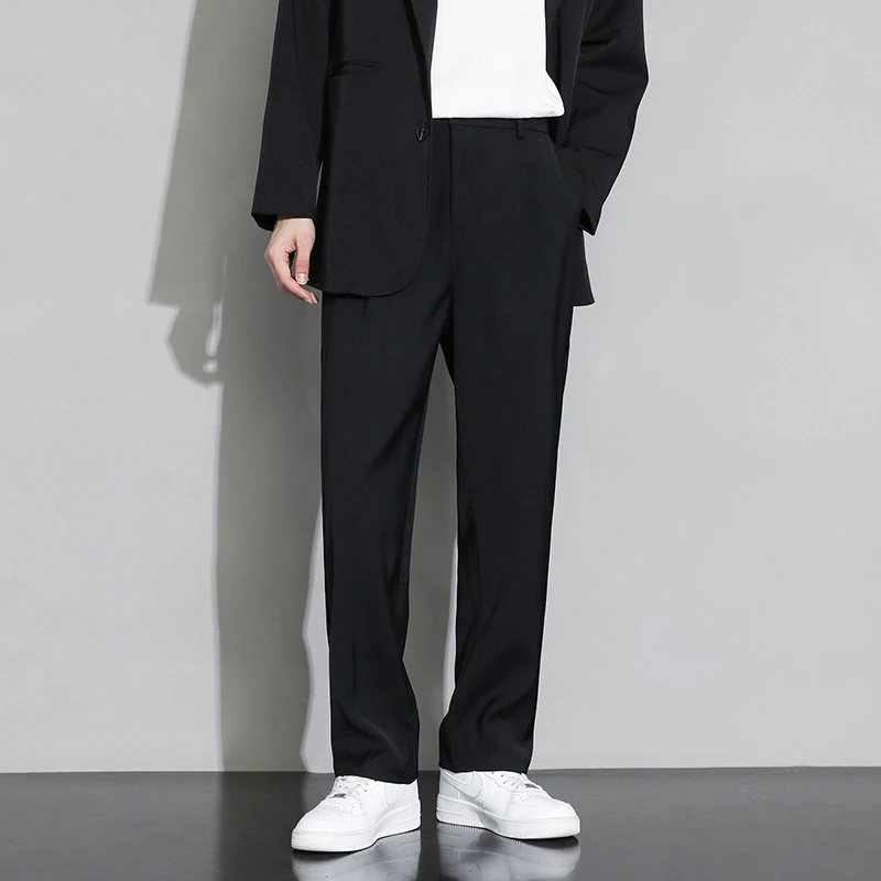 Fleece-Lined Drapey Men's Trousers for Autumn and Winter, Business Casual Pants, Loose Straight-Leg Long Pants, Wide-Leg Suit Pants