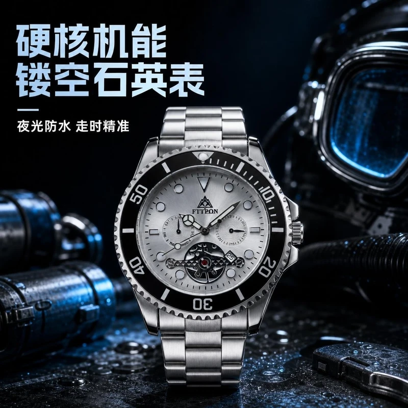 Popular foreign trade product: men's high-end watch with rotating gear ring, hollow dial, luminous display, calendar, waterproof, versatile and trendy wristwatch