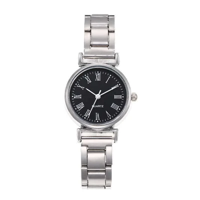 Silver case, black dial, roman numerals