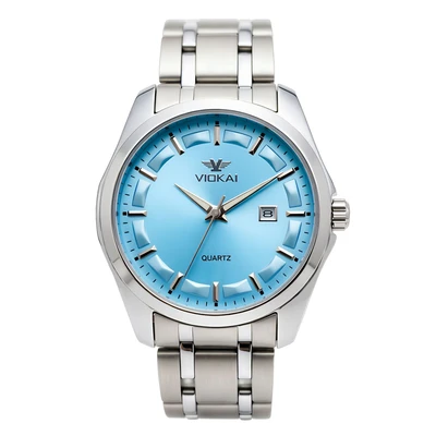 White case, sky blue dial