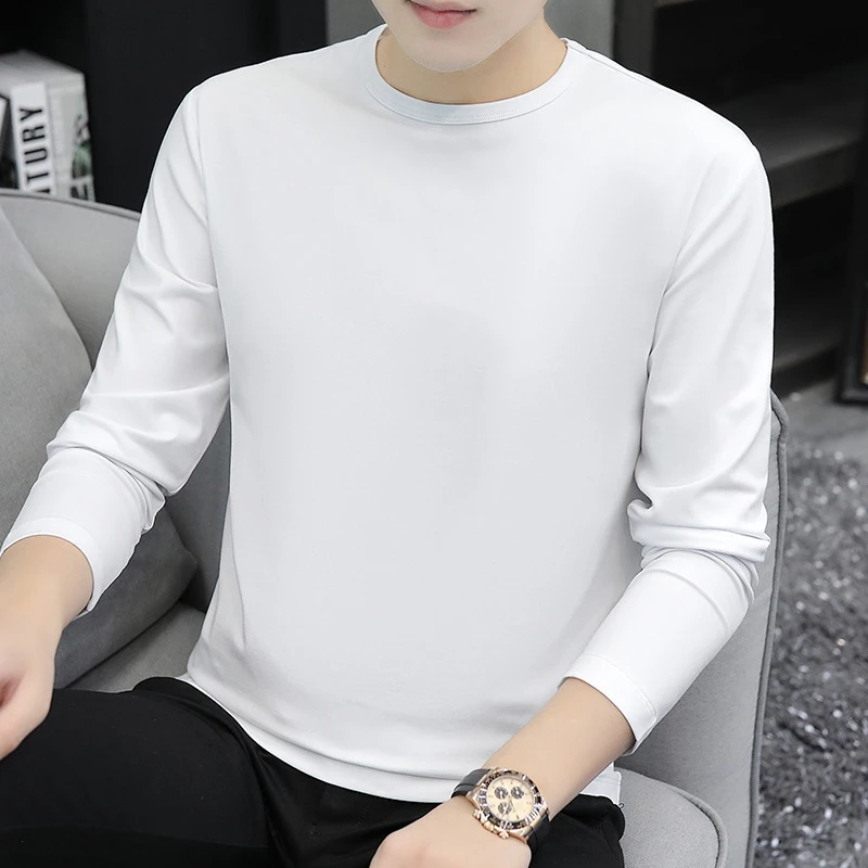 Modal Cotton White Long-Sleeved T-Shirt Men's Spring and Autum New Inner Top Pure Color Bottoming Shirt Sweatshirt Autum Clothing