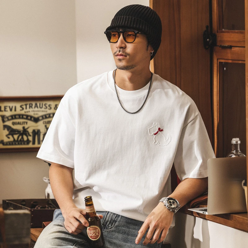 American retro short-sleeve t-shirt for men, summer trendy brand, embroidered puppy design, casual 230g heavyweight loose white top for men