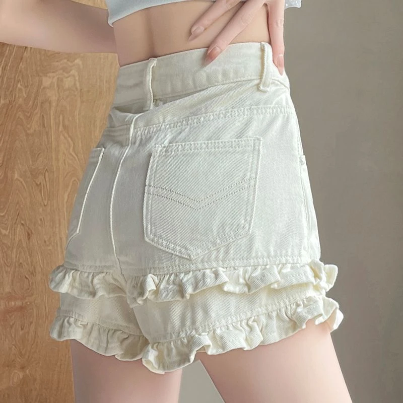 White Denim Shorts for Women with Lace, Cartoon Girly Style, Long Legs, 2025 Summer Thin High-Waisted A-Line Straight Hot Pants