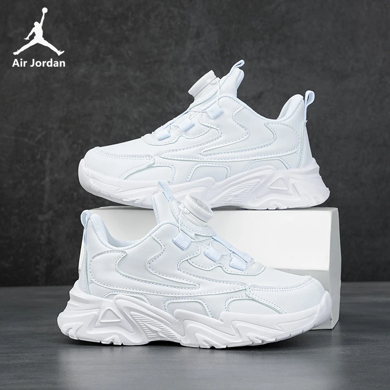 Jordan Kidsren's White Shoes Autumn and Winter Leather Rotating Button Sneakers for Boys and Girls Student Running Sneakers Dad Shoes