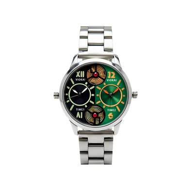 Round black and green dial + white strap