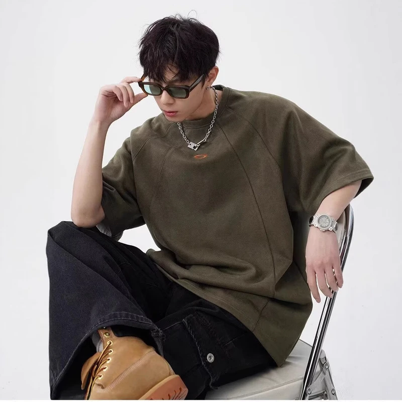 Three-Dimensional Segmented Suede Short-Sleeved T-Shirt for Men in Summer New Contrasting Color Embroidered Couple Loose Round Neck Half-Sleeved T-Shirt