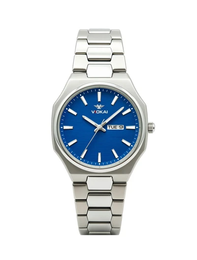 Model B white case with blue dial