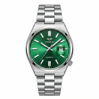 Silver case, green dial