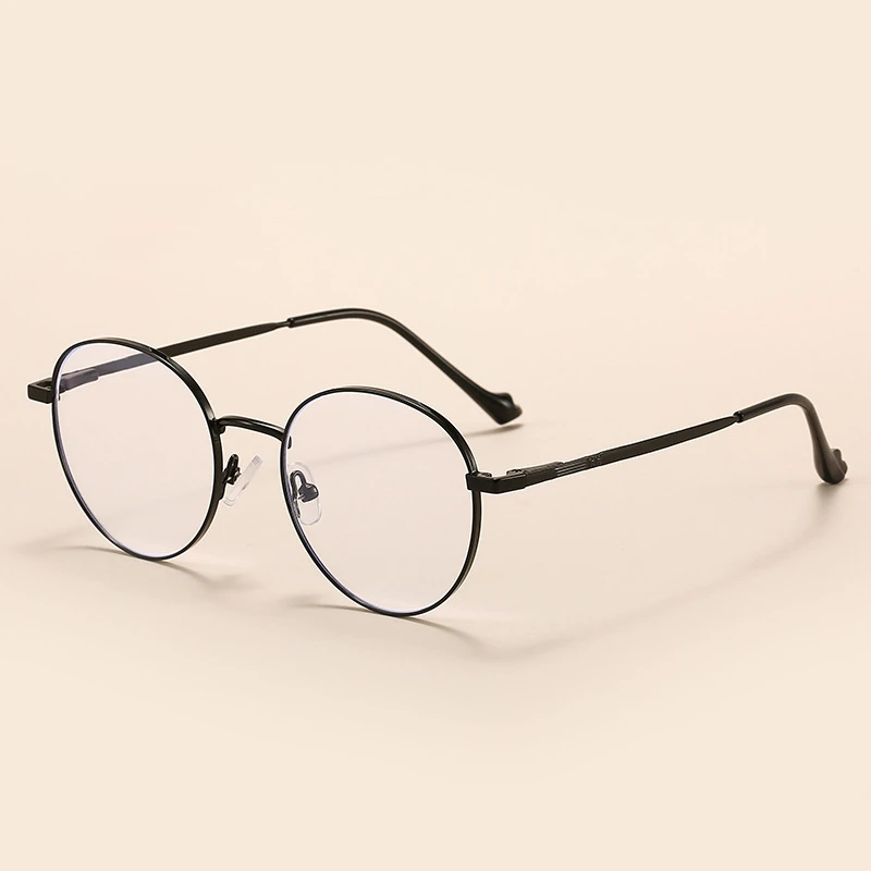 New Retro Anti-Blue Light Flat Glasses, Round Metal Eyeglass Frames, Suitable for Male and Female Students with Prescription Lenses