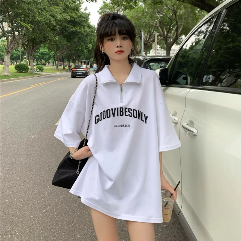 Short-sleeved T-shirt Women's 2025 New Summer Half Zipper Polo Neck Mid-length Loose plus size Women's Half-sleeved Top