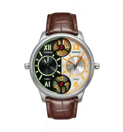 Round black-orange dial + brown leather strap