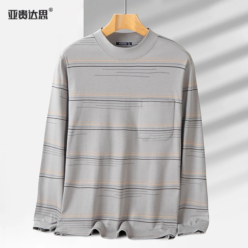 Middle-Aged and Elderly Men's Long-Sleeved Cotton T-Shirts, Men's Dad's Autumn Tops, Elderly Grandpa Clothes, Cotton Spring and Autum