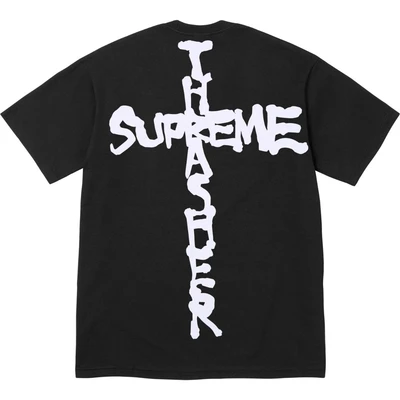 Supreme thrasher joint model chest logo pattern plaid round neck short-sleeved american trendy t-shirt for men and women, black
