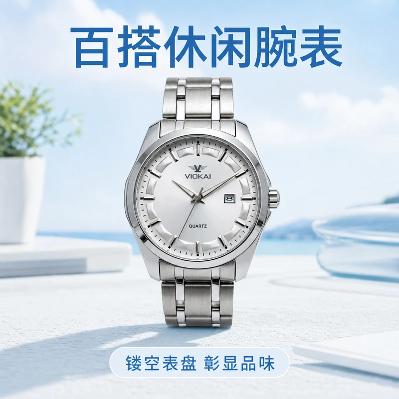 VIOKAI solid steel band cross-border new men's watch, luminous waterproof quartz wristwatch, high-value calendar watch