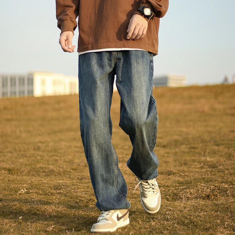Straight Retro Washed Jeans for Men, New Autumn Style, American High Street Fashion Brand, Loose Casual Wide-Leg Long Pants