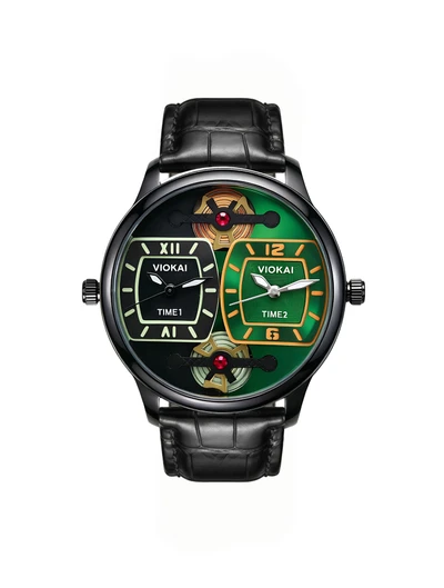 Square black-green dial + black leather strap