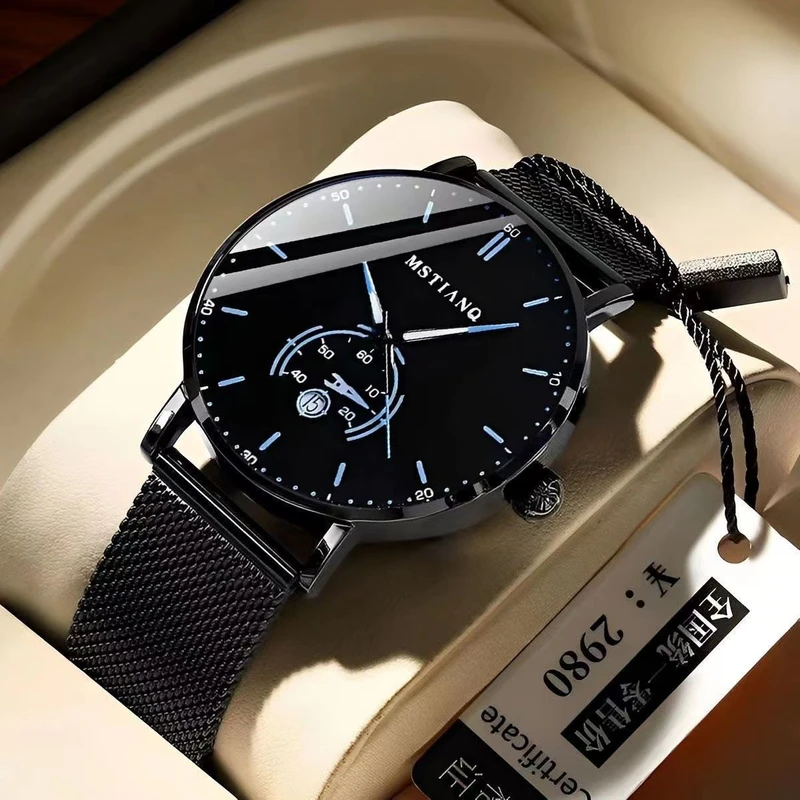 Foreign Trade Watch Trendy Black Technology Belt Fine Steel Belt Men's Korean Style Casual Calendar Ultra-thin New Non-mechanical Watch