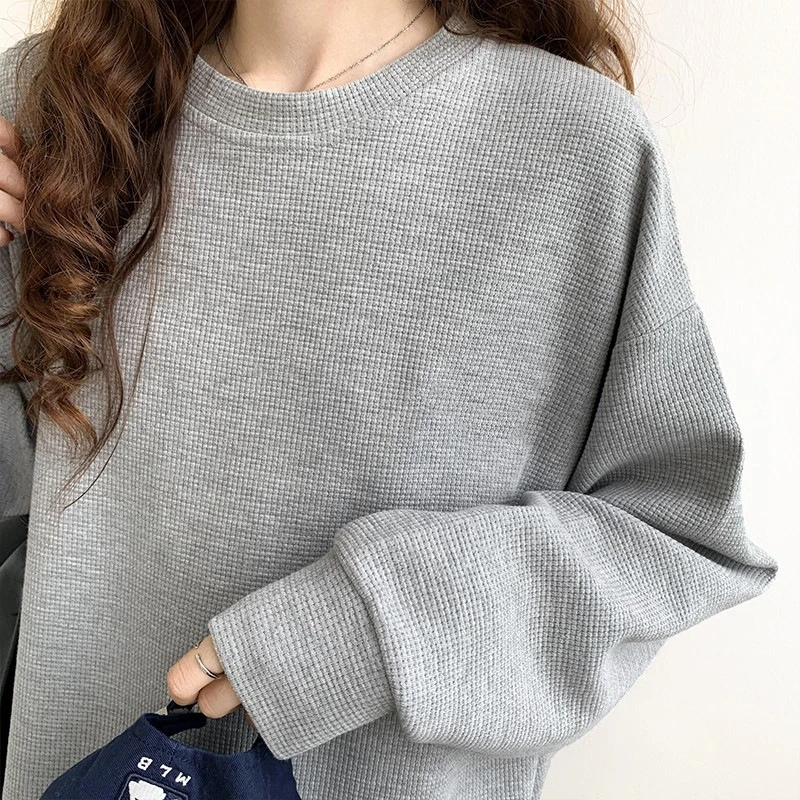 Waffle Japanese-Style Sweatshirt Ins Women 2025 Spring and Autumn New Trendy Brand Round Neck Top Loose Long-Sleeve T-Shirt