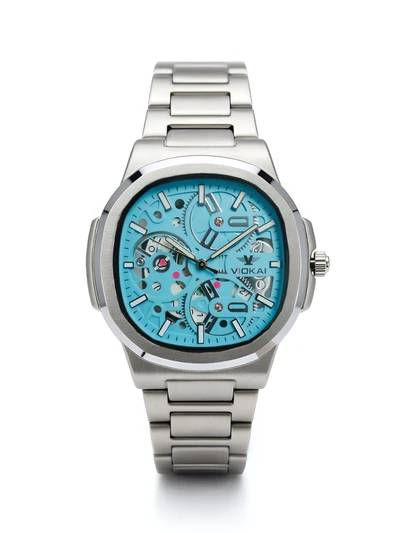 White case, sky blue dial
