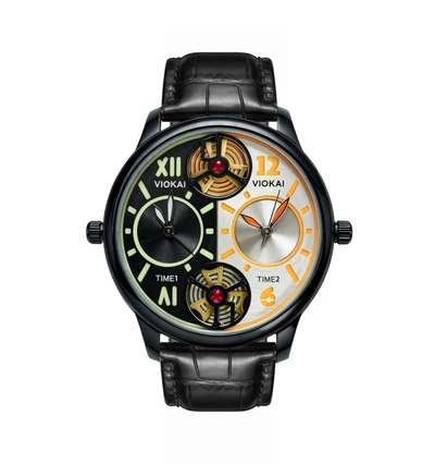 Round black-orange dial + black leather strap