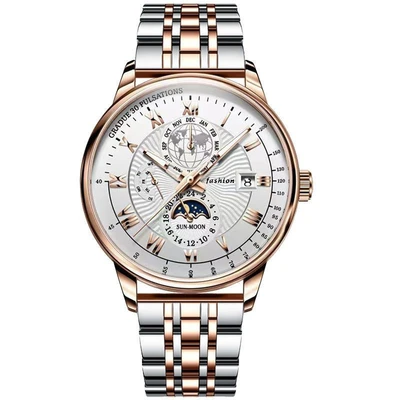 Two-tone gold case with a white dial and stainless steel bracelet