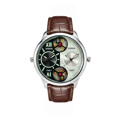 Round black and white dial + brown leather strap