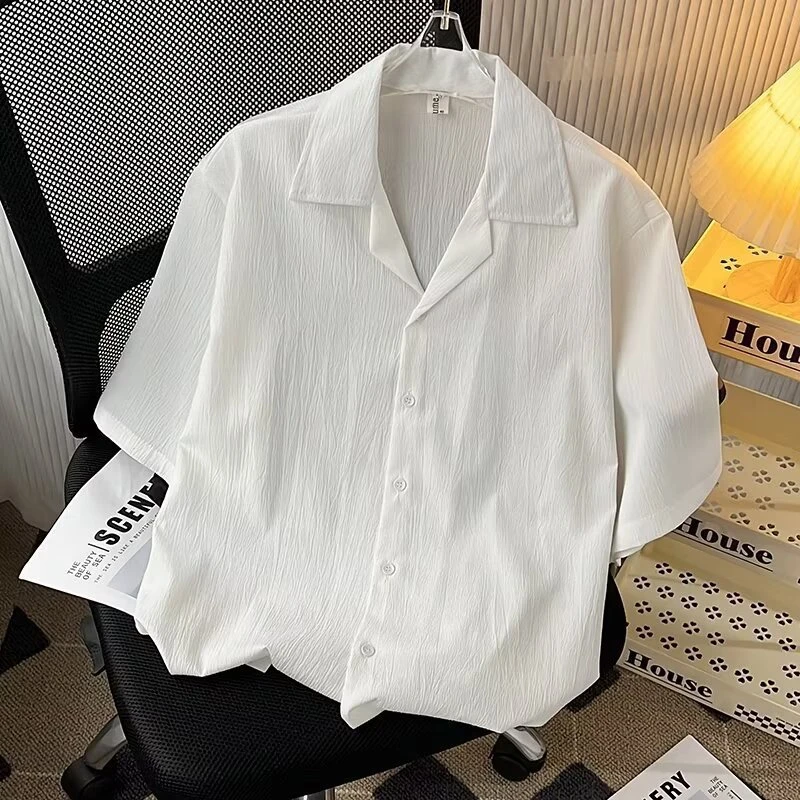 Trendy New Chinese Style Versatile Pleated Short-Sleeved Cuban Collar Shirt Men's Solid Color Summer Cool Half-Sleeved Casual Shirt